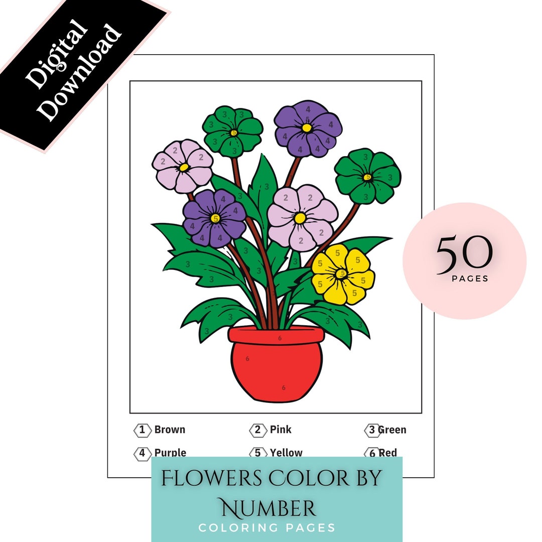 Flower Color by Number Pages: 50 Printable Adult Coloring Sheets (PDF ...