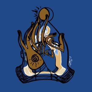 Può includere: Un'illustrazione stilizzata di due mani che raggiungono un sole con un disegno a spirale su una mano. Le mani sono delineate in nero e riempite di marrone. Lo sfondo è blu solido.