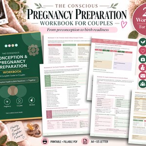 May include: A dark green workbook titled The Conscious Conception & Pregnancy Preparation with 25 worksheets for couples. The set includes a trimester guide, birth preferences, hospital bag checklist, postpartum plan, and family vision documents.