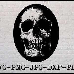 May include: Black and white illustration of a human skull in a circle. The skull is detailed with teeth, eye sockets, and a nose.