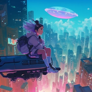 Può includere: Una giovane donna con i capelli viola è seduta su un veicolo futuristico, guardando lo skyline di una città. La città è piena di edifici alti e luci brillanti. Un disco volante aleggia nel cielo sopra.