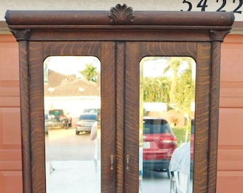 Large Antique Tiger Oak Carved Wood Mirrored Armoire Wardrobe Claw Feet