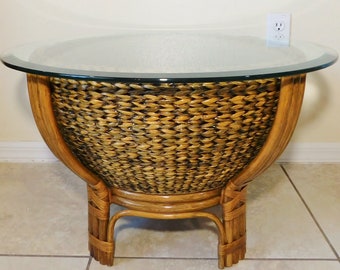 Round Natural Rattan Ornate Wicker & Banana Leaf Basket Beveled Glass Top Coffee Table