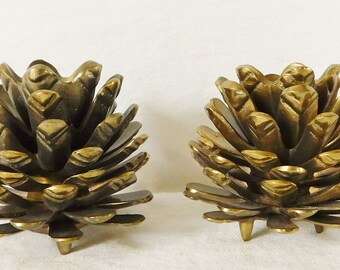 Pair of Vintage Solid Brass Pine Cone Candle Holders