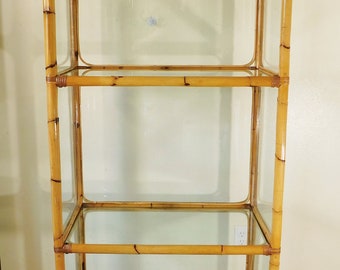 Large Vintage Bamboo & Encased Glass 4 Tier Etagere Book Shelf Rack Curio Display Case