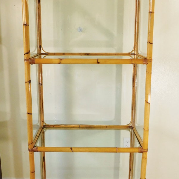 Large Vintage Bamboo & Encased Glass 4 Tier Etagere Book Shelf Rack Curio Display Case