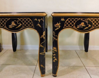 Vintage Chinese Oriental Mid Century Black Lacquer Wood Hand Painted Gold Side/End Tables - a Pair