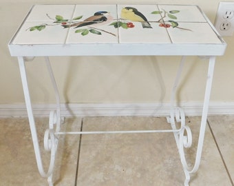Vintage White Wrought Iron Signed Hand Painted Bird Tile Top Side/End Accent Table