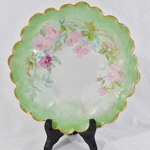 Antique Early 1900s Gda Limoges France Hand Painted Green Pink Porcelain Floral Roses Gold Trim Serving Bowl