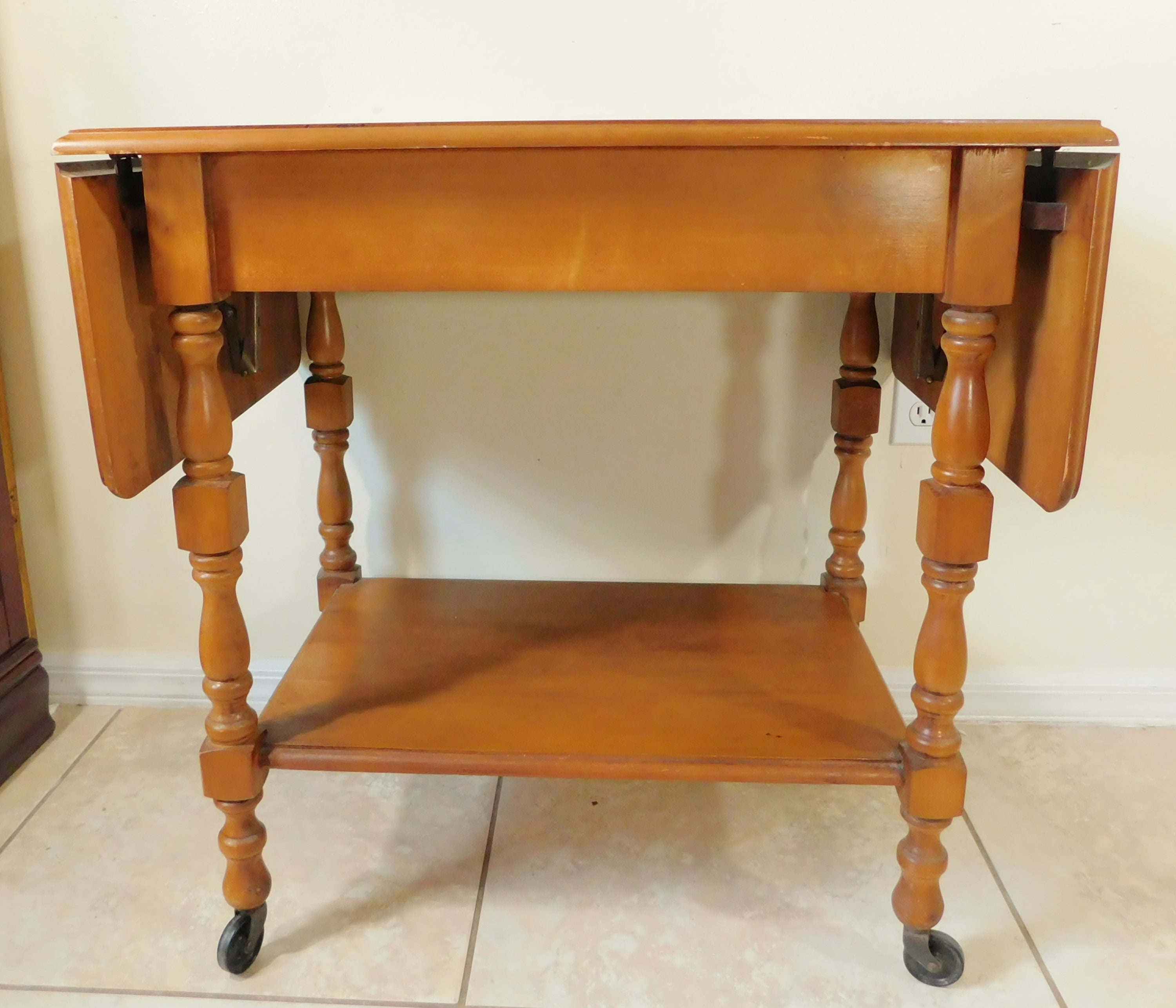 Solid Oak Wood Drop Leaf Rolling Table Server Cart Drawer - Etsy