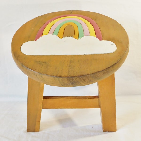 Handcrafted Solid Wood Carved Rainbow Foot Stool