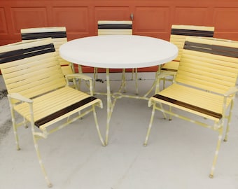 Vintage Mid Century Faux Bamboo Aluminum Vinyl Strap Table & Arm Chairs 6pc Patio Dining Set