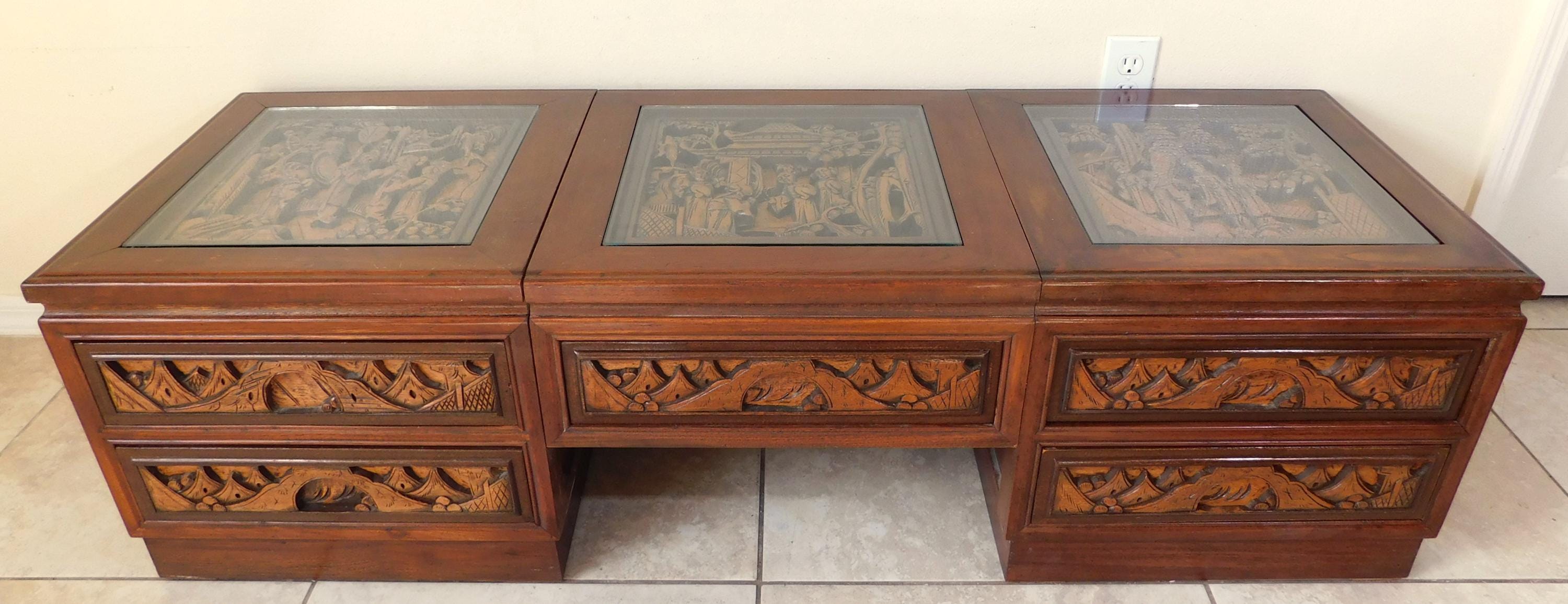 Vintage Mid Century Chinese Hand Carved Figural Double Sided Wood Coffee Table