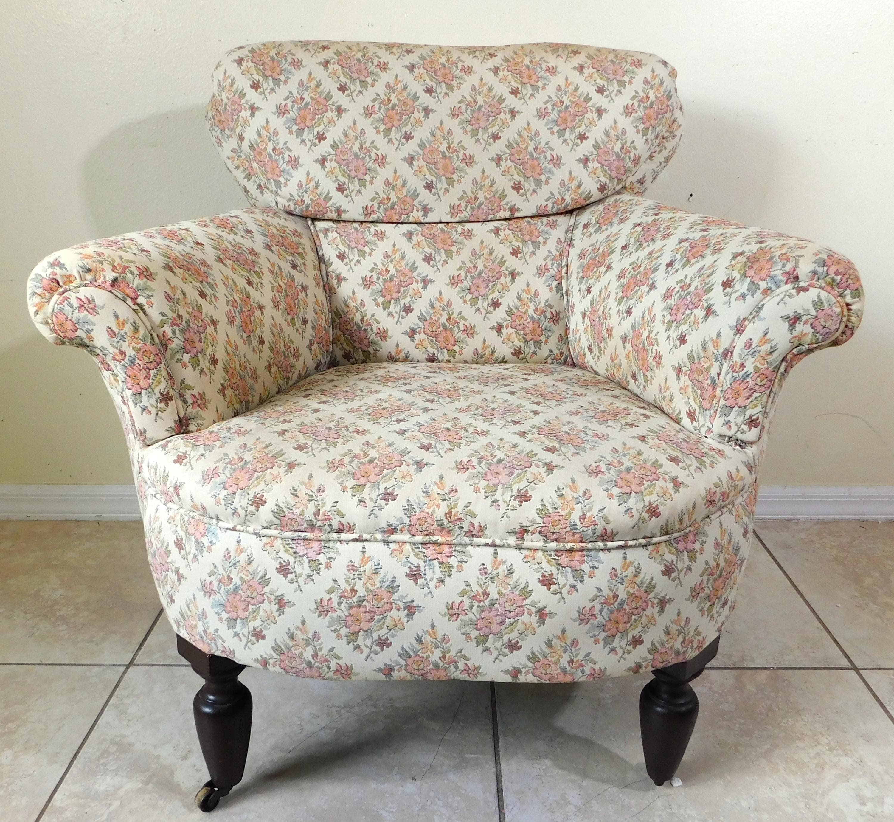 Antique Victorian Floral Upholstered Rolling Accent Vanity Club Accent Armchair