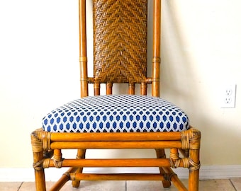 Vintage 1980s Rattan & Wicker Weave Leather Wrapped Upholstered Desk/Dining Side Chair