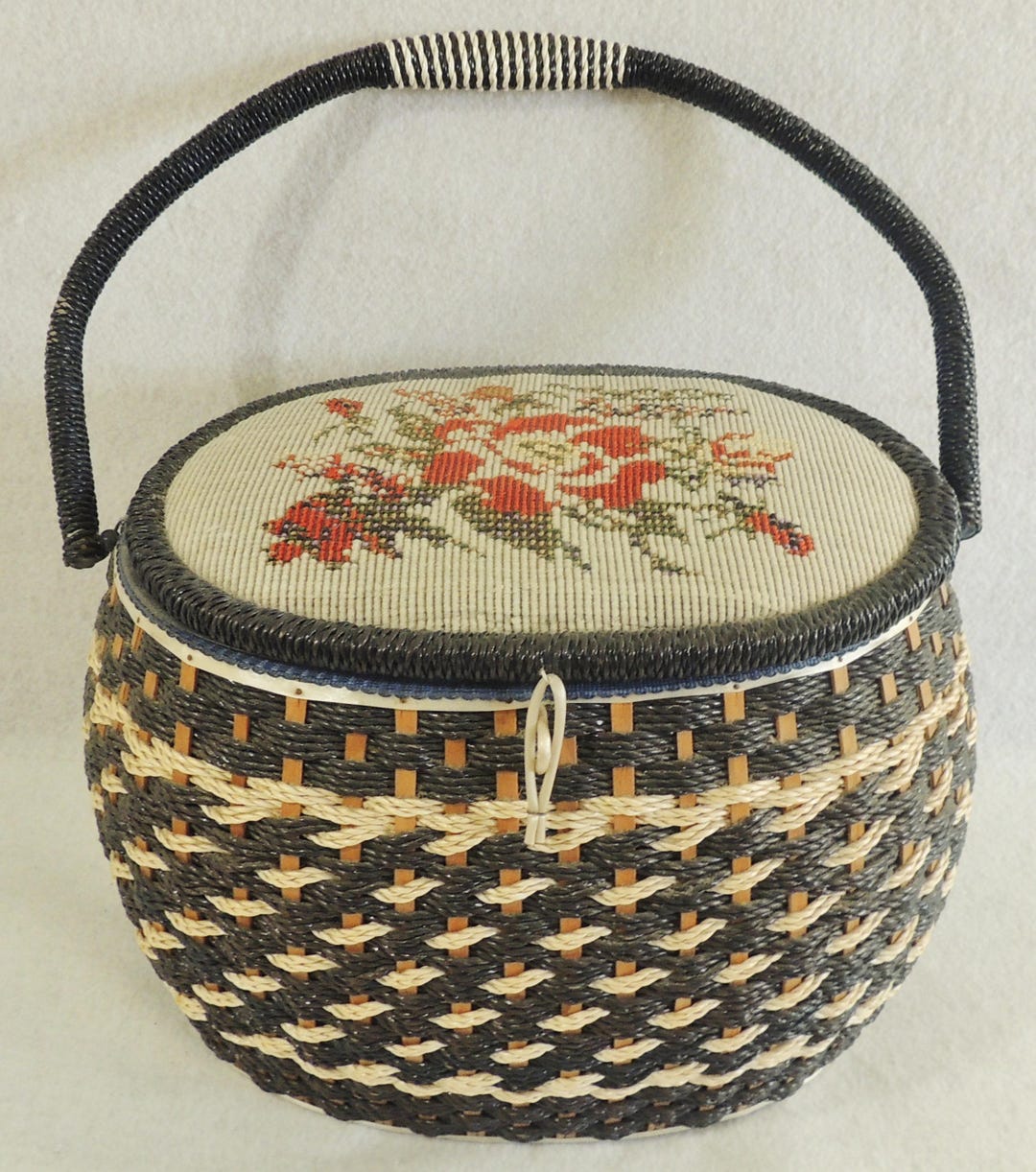 Large Vintage Navy Blue Rope Floral Needlepoint Blue Satin Tufted ...