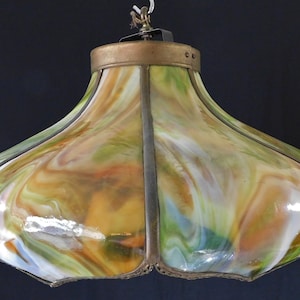 Large Vintage Mid Century 1940s Slag Glass & Brass Pendant Ceiling Light Chandelier