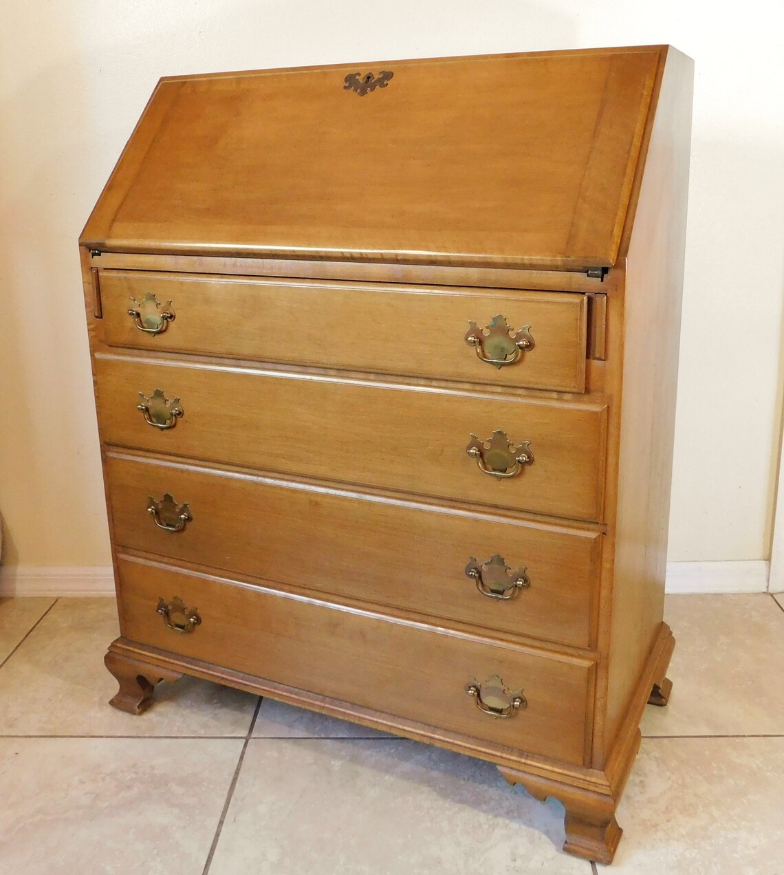 Antique Beals Furniture Solid Maple Rock Slant Top Secretary Writing