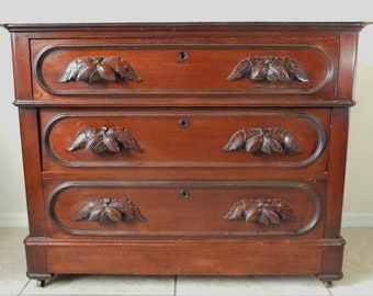 Antique Victorian Eastlake Mahogany Wood Marble Top Carved Handles Dresser Chest of Drawers