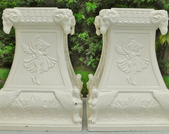 Large Early 20th Century Ornate Ram's Head Cast Iron Garden Planters Pedestals - a Pair