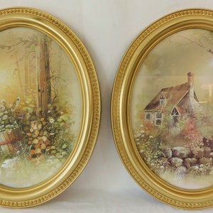 Large Pair Vintage 1970s Oval Gold Roses Syroco Floral Cabin Glass Hanging Pictures Framed Wall Decor