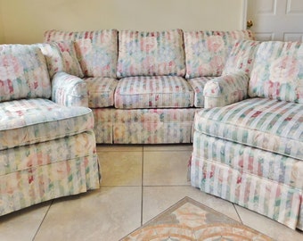 Thomasville 3pc Living Room Set - Matching Pair Floral Swivel Chairs & Sofa Couch