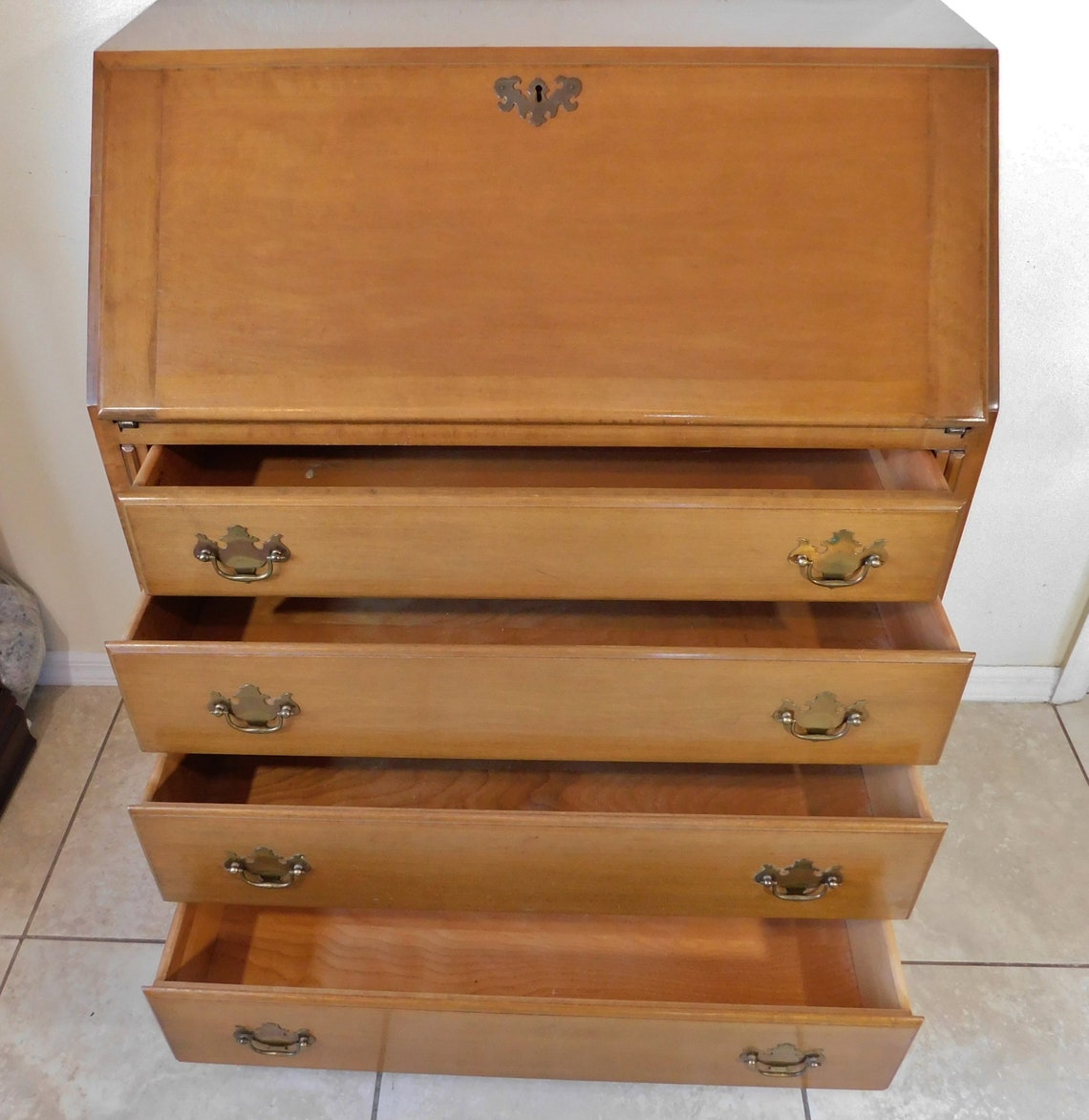 Antique Beals Furniture Solid Maple Rock Slant Top Secretary Writing