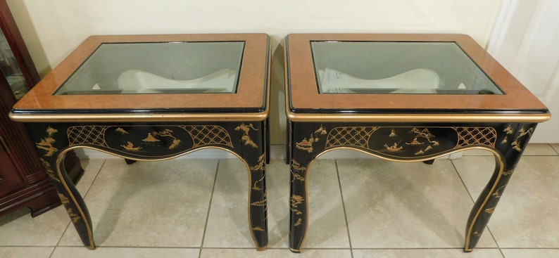Vintage Chinese Oriental Mid Century Black Lacquer Wood Hand Painted ...