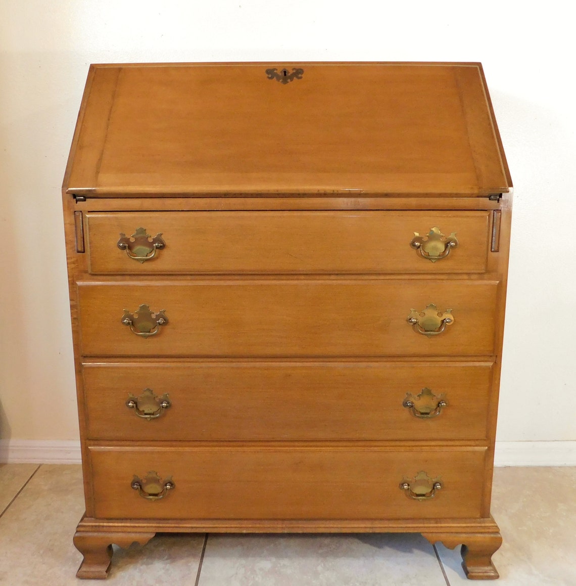 Antique Beals Furniture Solid Maple Rock Slant Top Secretary Writing