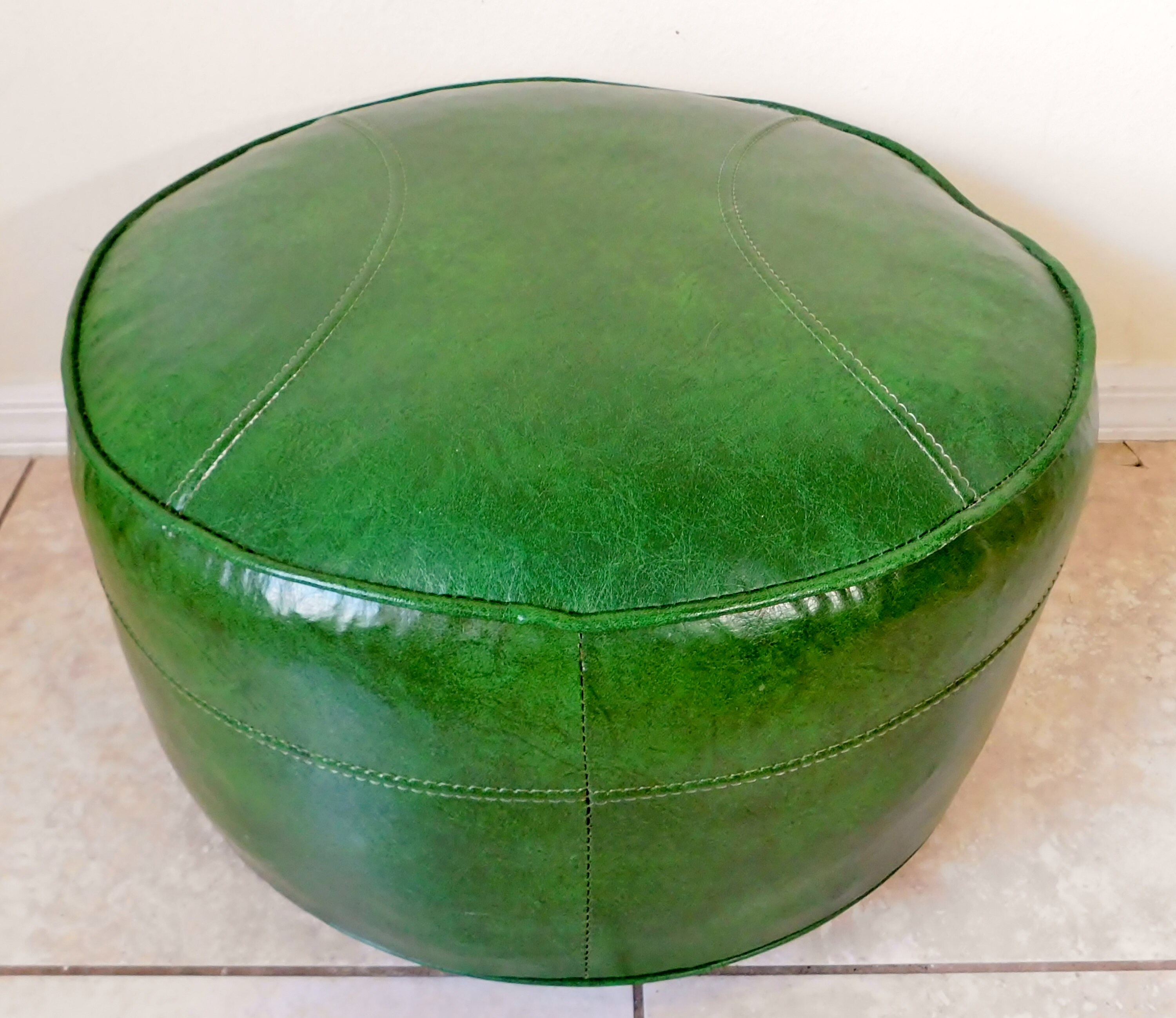 Vintage Mid Century Green Stitched Vinyl Faux Leather Round