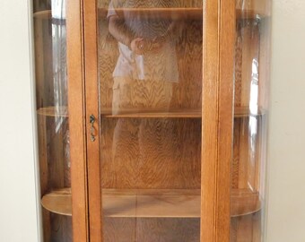 Antique Solid Oak Wood Half Circle Bowfront Curio China Display Cabinet
