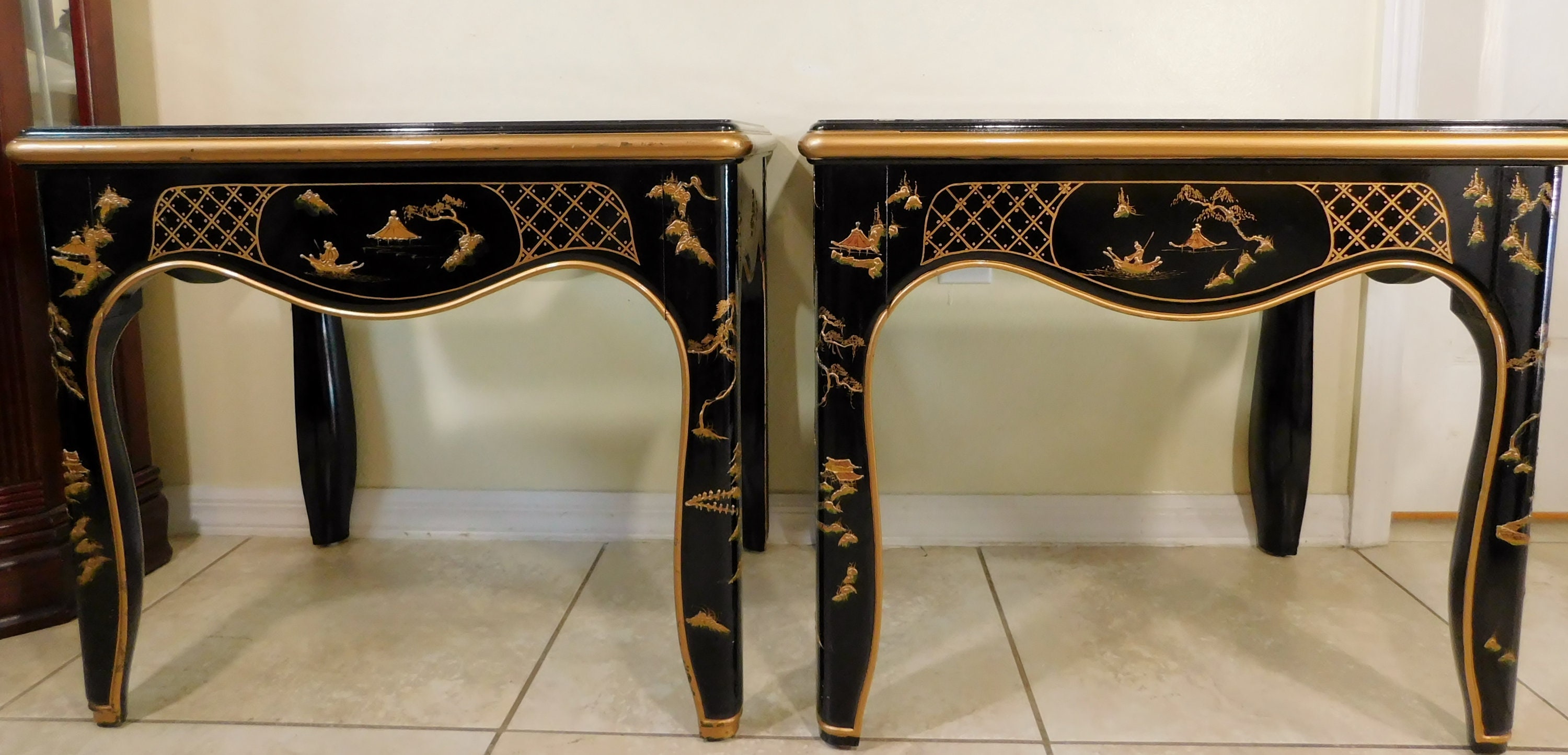 Vintage Chinese Oriental Mid Century Black Lacquer Wood Hand Painted ...