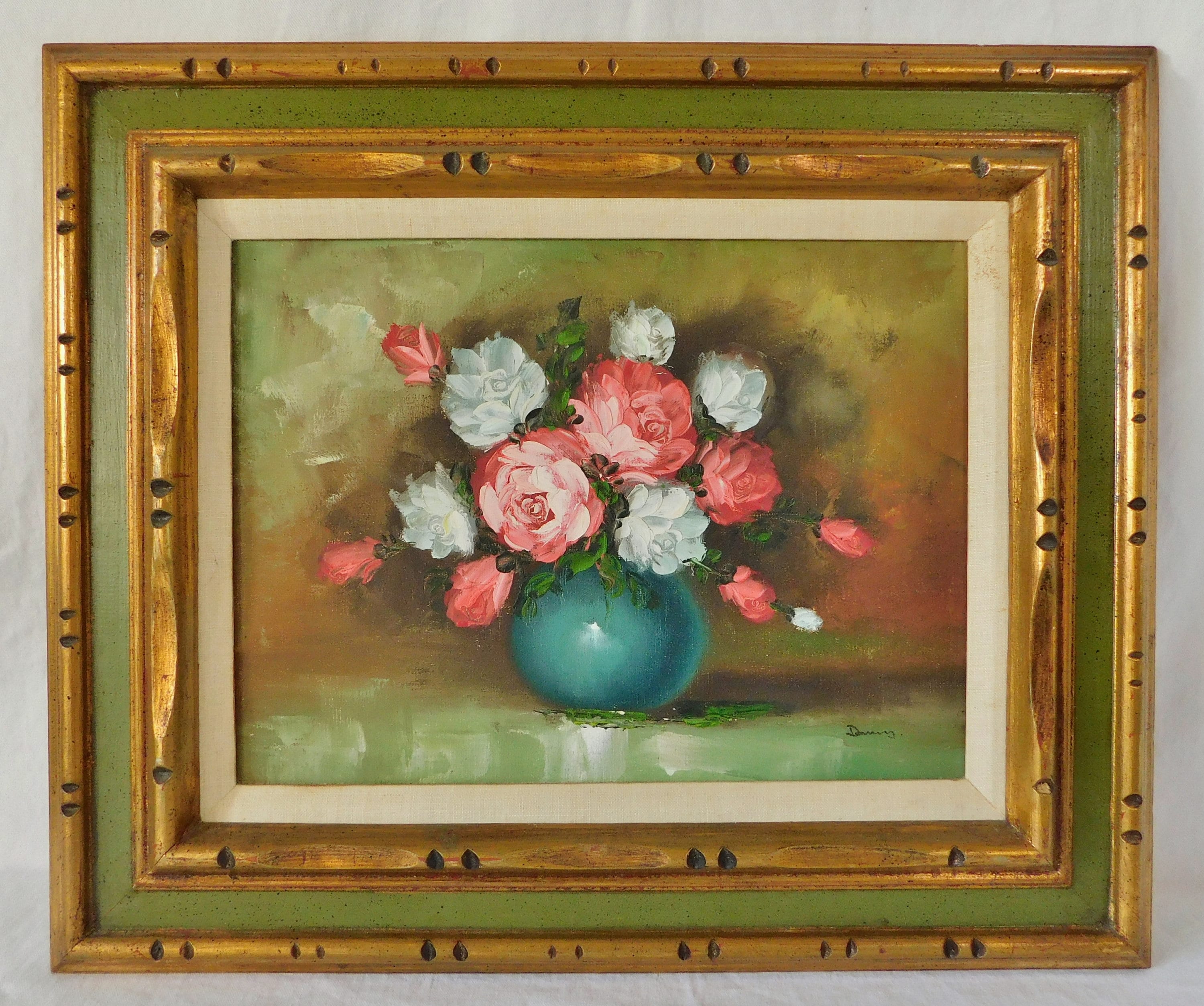 Vintage Mid Century Signed Floral Oil Painting Solid Wood