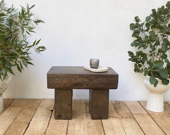 Japandi Oak Stool, Solid Reclaimed Wood Side Table, Wabi Sabi Dark Chunky Accent