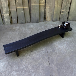 Long Wabi Sabi Black Bench | Low Solid Wood Console | Industrial Dark Wood Seating | Rustic Minimalist Black Furniture for Entryway