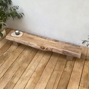 Wabi Sabi Reclaimed Oak Bench: Rustic Japandi Console Table. Custom color narrow bench.
