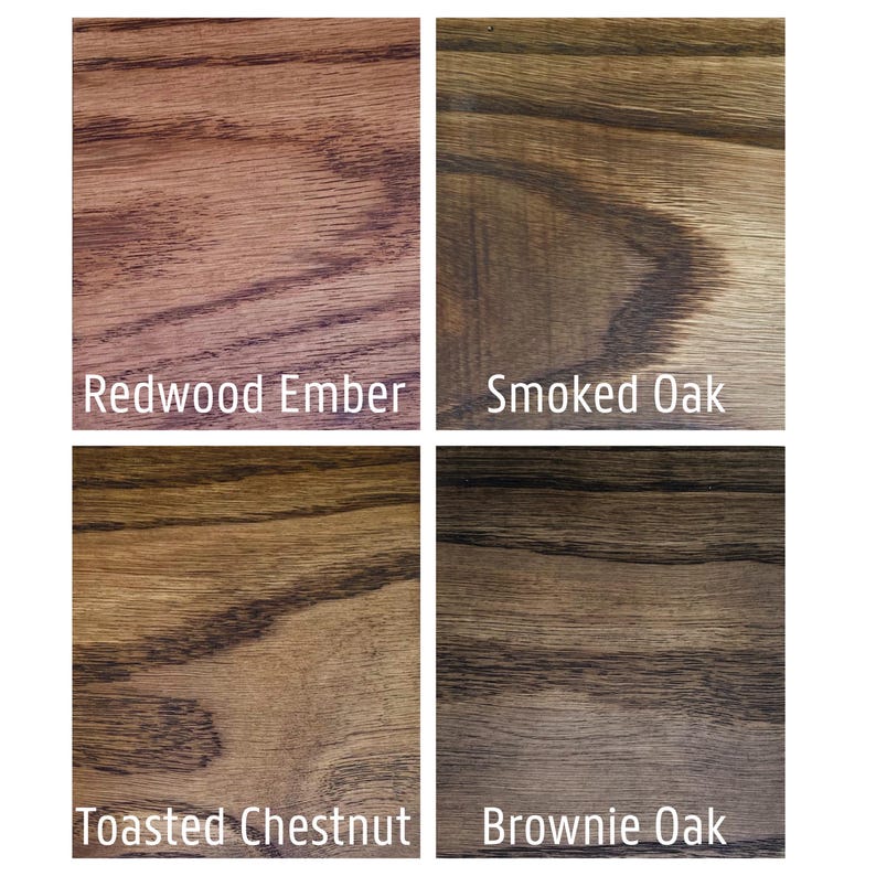 May include: Four wood stain samples: Redwood Ember, Smoked Oak, Toasted Chestnut, and Brownie Oak. Each sample displays the wood grain and color variations. The names of the stains are written in white text below each sample.
