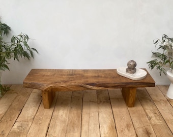 Rustic Solid Oak Bench: Wabi Sabi Entryway Console, Farmhouse Style. Low primitive coffee table.