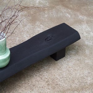 Reclaimed Oak Bench – Low Profile Wabi Sabi Decor. Zen Style Display Bench. Japandi Minimalist Furniture. Dark Wood Display Bench.