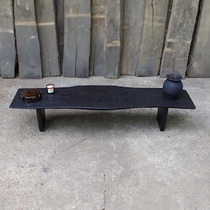Wabi sabi decorative bench. Black oak bench. Solid oak console table. Long reclaimed oak bench. Industrial bench. Rustic console table
