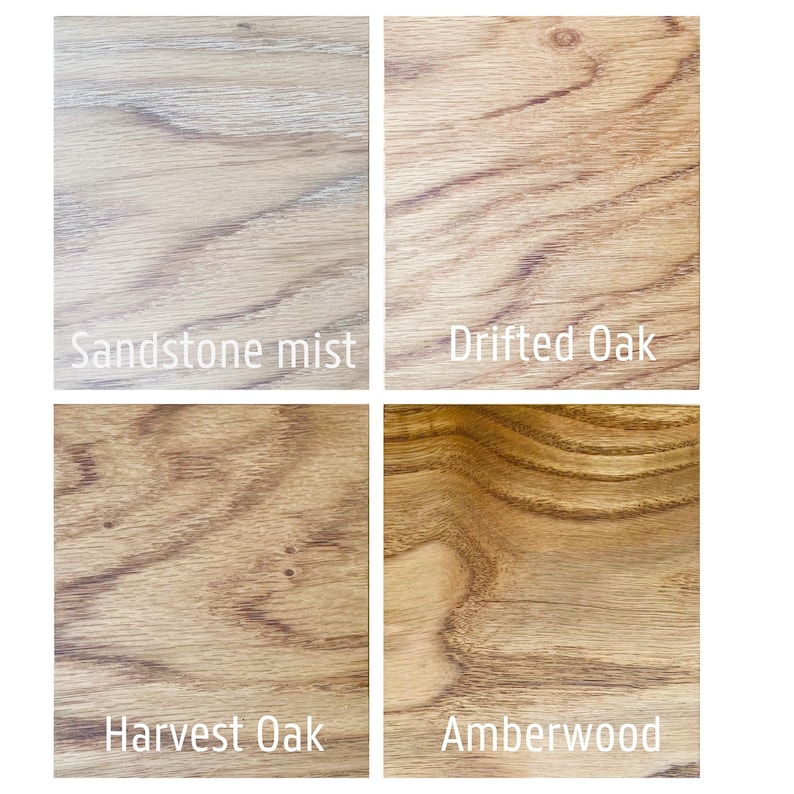 May include: Four wood samples showcasing different finishes: Sandstone Mist, Drifted Oak, Harvest Oak, and Amberwood. Each sample displays the natural grain and color variations of the wood, with text labels identifying each finish. The image is well-lit, highlighting the textures.