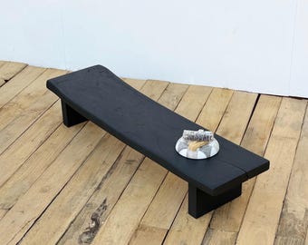Wabi Sabi Black Wood Bench, Rustic Minimalist Coffee Table, Solid Ash Wooden Slab Bench