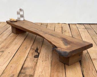 Wabi Sabi Live Edge Bench, Reclaimed Oak Low Console Table, Japandi Rustic Altar