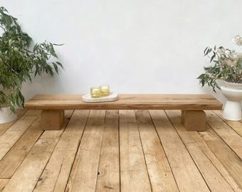 Wabi Sabi Reclaimed Wood Bench: Japandi Altar Stand, Entryway Seat. Low, narrow console table.