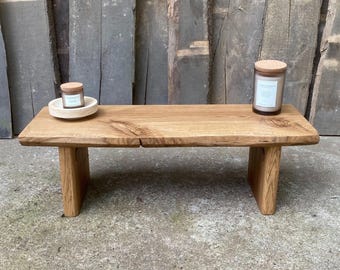 Live Edge Solid Oak Bench: Wabi Sabi Japandi Console Table