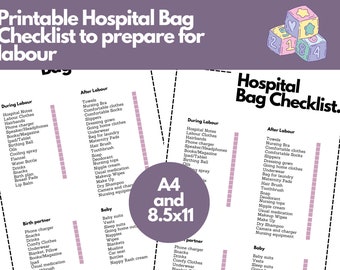 Hospital Bag Printable |  Birth Bag Checklist  |  Pregnancy and Labor Plan  |  Packing List  |  Instant download PDF and PNG