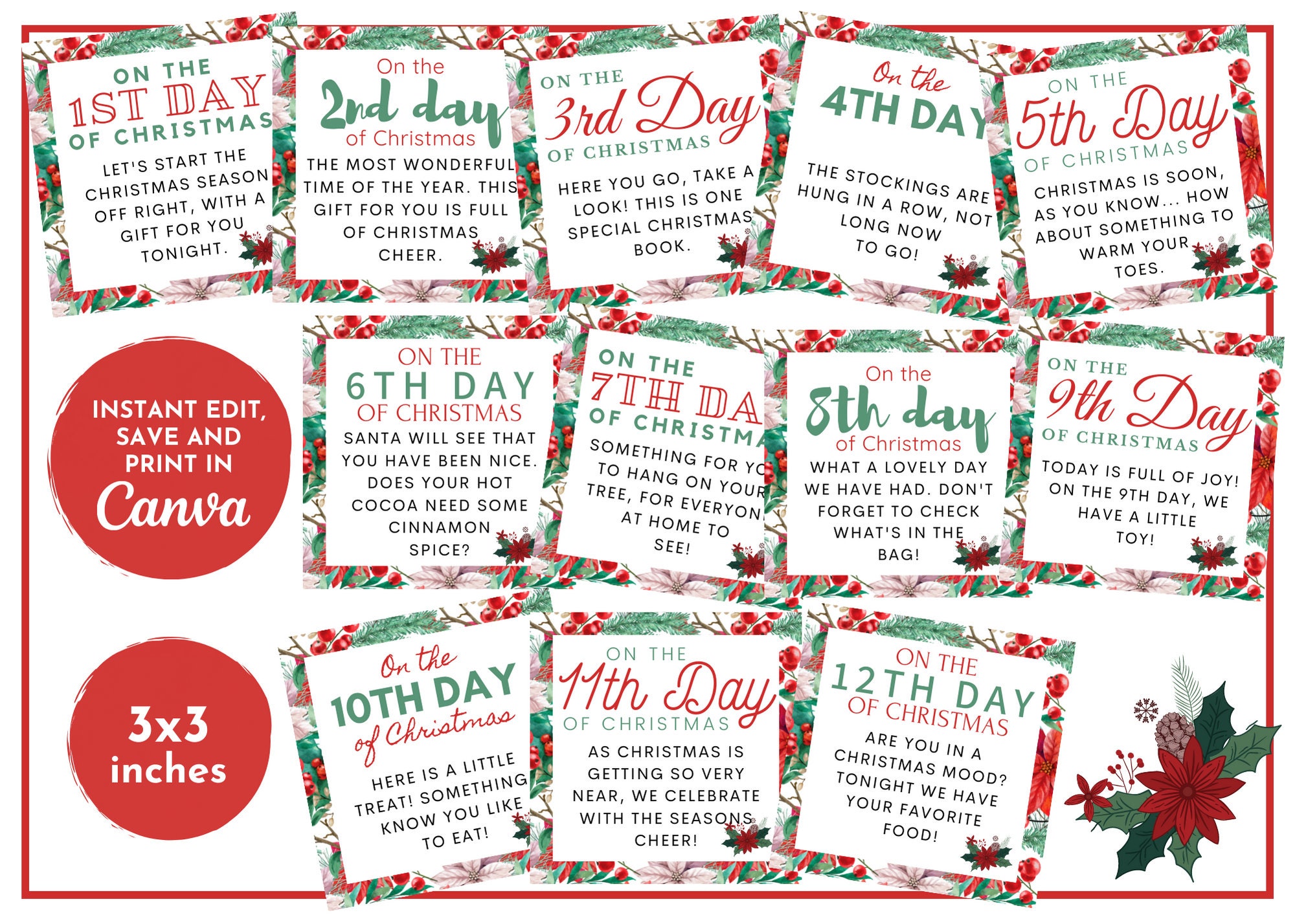 Editable Twelve Days of Christmas Printable Tags Printable Christmas Gift Tags 12 Days INSTANT