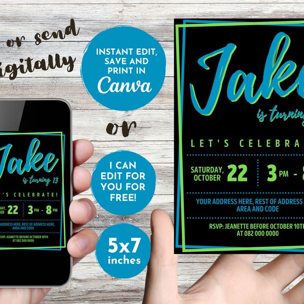 DIY Editable Boy Birthday Party | Invitation Template - Geometric Invitation | Blue Green | All Ages | INSTANT Edit, Save & Print with Canva