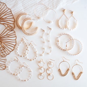 Pearl Earrings | Modern Pearl and Gold Hoops With Crystals | White Earrings