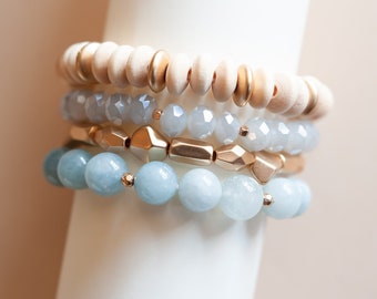 Katy Wood and Crystal Bracelet Sets | Multiple Colors | Natural Wood and Stone Beads | Pastel Layering Bracelets